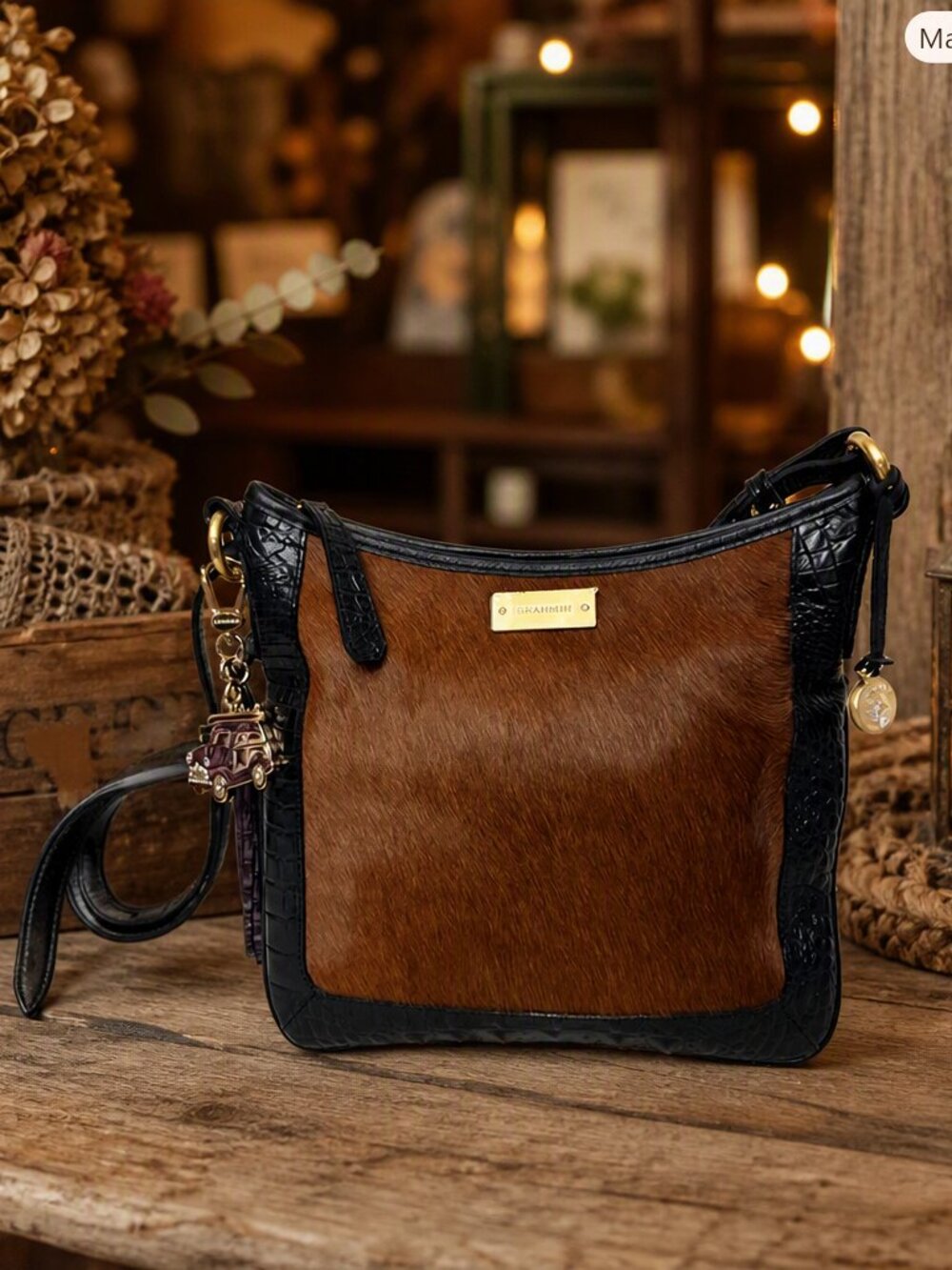 Brahmin Jody Black Leather & Brown Calf Hair Crossbody & Copa NWT Tassel Charm
